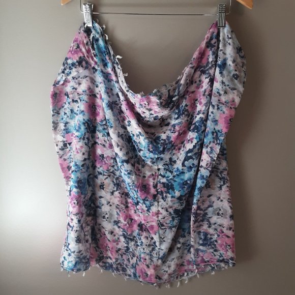 🌞 American Eagle 100% Cotton Floral Infinity Scarf Blue Pink White - Picture 2 of 9
